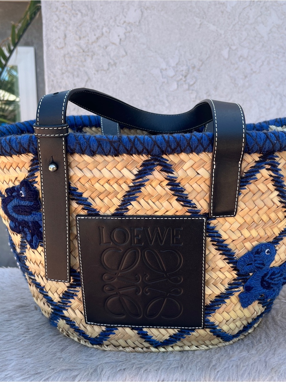 Loewe Natural Straw Tote with Blue Embroidery & Black Leather Trim